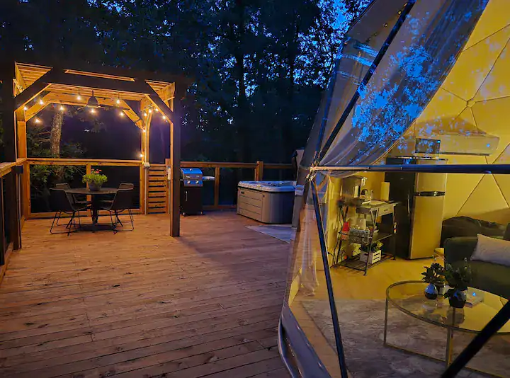 Capricorn dome exterior at Falling Stars — dark sky glamping in Arkansas