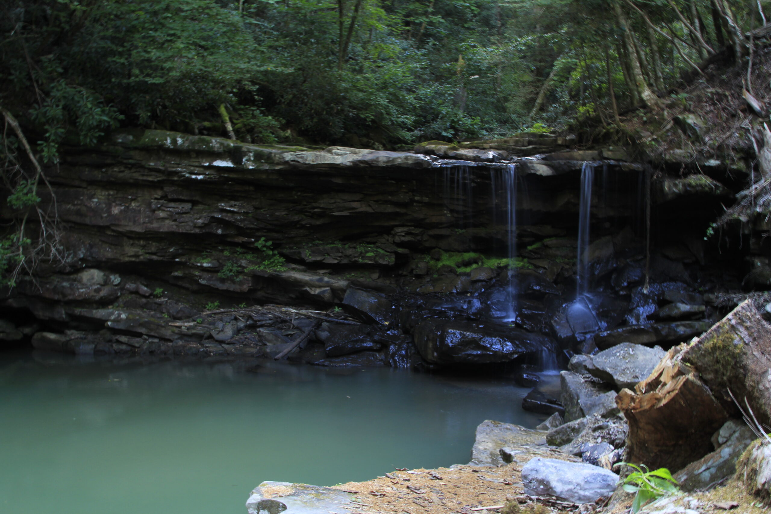 Waterfall on the glamping property near Chattanooga, TN at The Canyon at Pond Creek