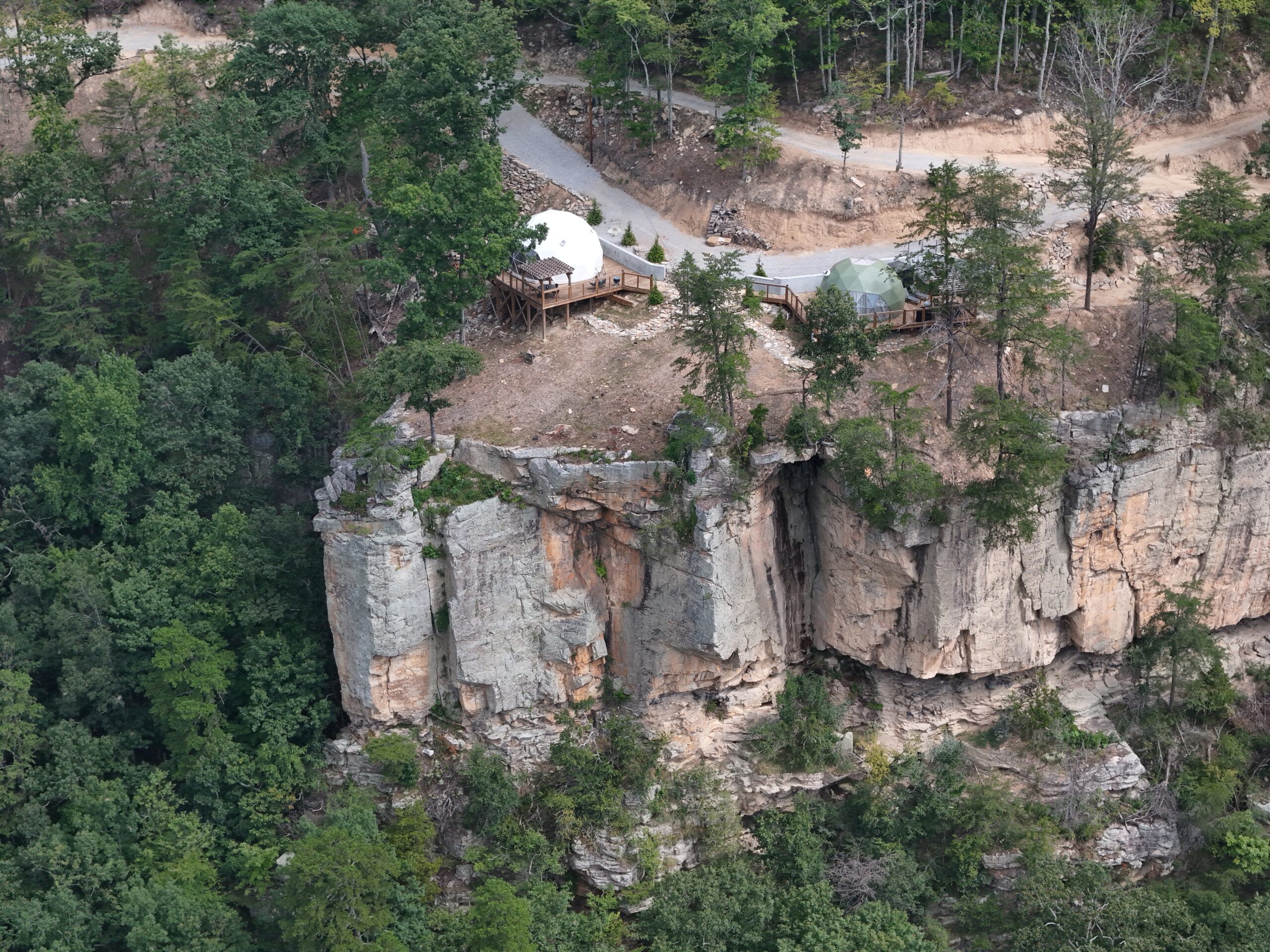 Aerial drone view of glamping domes near Chattanooga, TN at The Canyon at Pond Creek