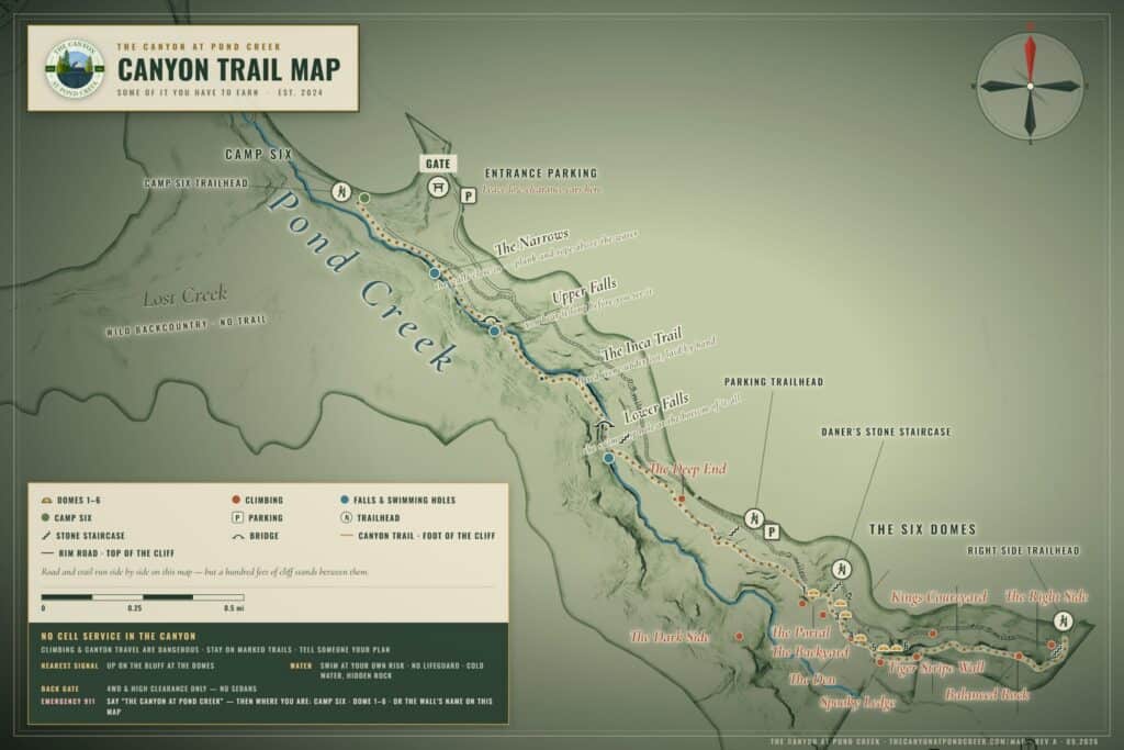 Trail map of The Canyon at Pond Creek: the Canyon Trail along the foot of the cliff from the six domes past Lower Falls, the Inca Trail, Upper Falls and The Narrows to Camp Six, with trailheads, parking, climbing areas and swimming holes marked.