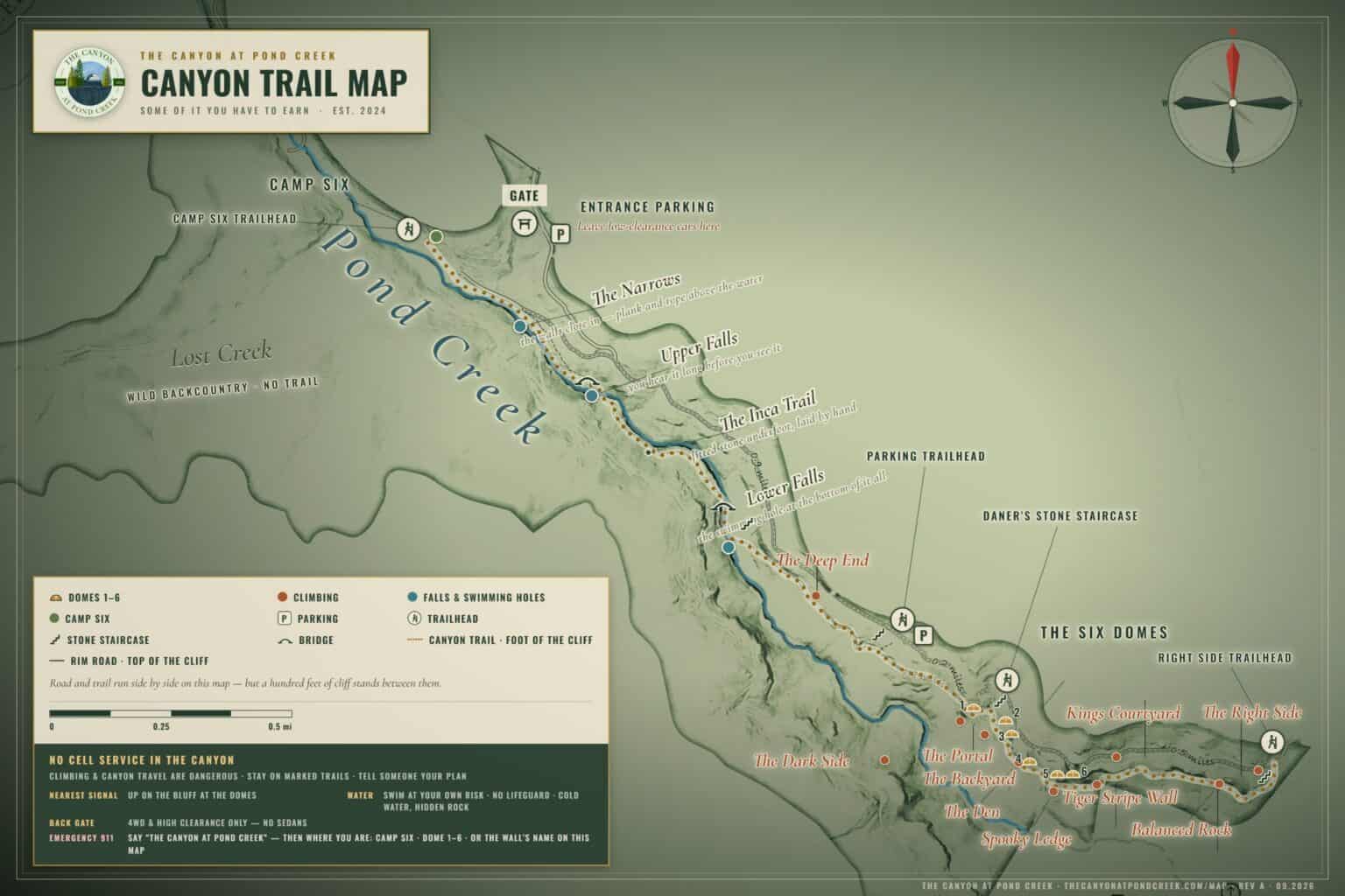 Trail map of The Canyon at Pond Creek: the Canyon Trail along the foot of the cliff from the six domes past Lower Falls, the Inca Trail, Upper Falls and The Narrows to Camp Six, with trailheads, parking, climbing areas and swimming holes marked.