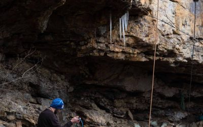 Rock climber at The Canyon at Pond Creek in the Cumberland Plateau, Tennessee