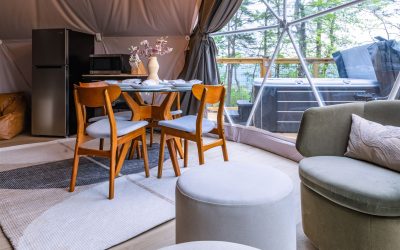 Luxury interior furnishings inside Dome 4 glamping dome at Canyon at Pond Creek