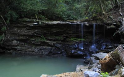 Waterfall on the glamping property near Chattanooga, TN at The Canyon at Pond Creek