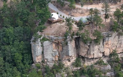 Aerial drone view of Domes 5 and 6 at The Canyon at Pond Creek glamping resort in Tennessee