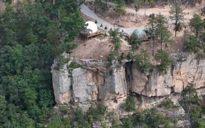 Aerial drone view of glamping domes near Chattanooga, TN at The Canyon at Pond Creek